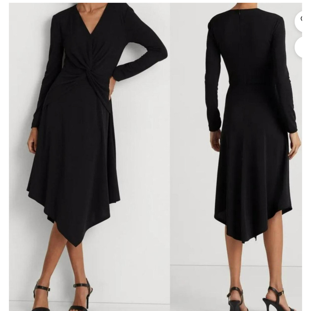 LAUREN RALPH LAUREN Women's Midi Dress Sz 12 Surplice NWT Stretch Twist Black